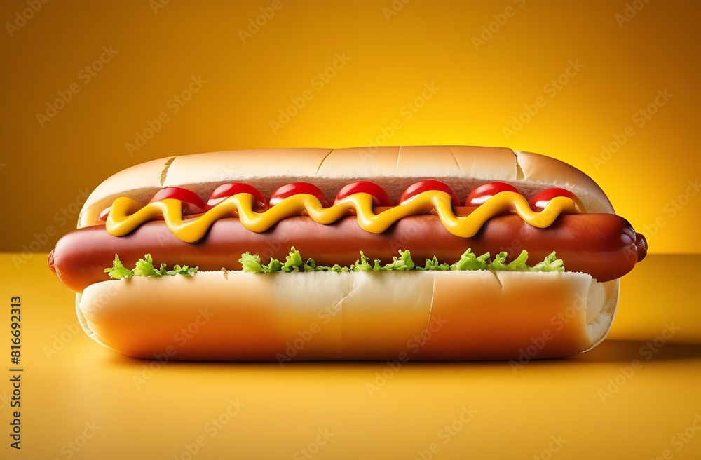 Delicious hot dog with mustard, ketchup and fresh lettuce leaves on a yellow background, fast food, street food, American cuisine, close-up Delicious hot dog with mustard, ketchup and fresh lettuce leaves on a yellow background, fast food, street food, American cuisine, close-up