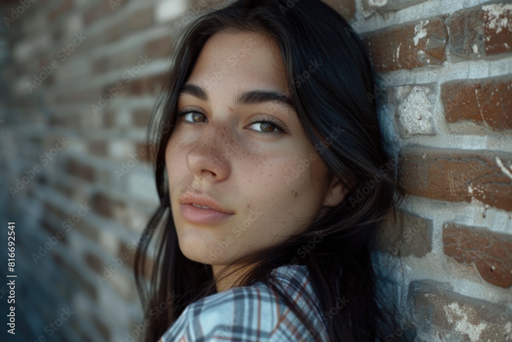 A young woman standing against a brick wall. Suitable for lifestyle and urban themes A young woman standing against a brick wall. Suitable for lifestyle and urban themes