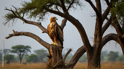 Four year old male Spanish Imperial Eagle at his favorite watchtower with the first light of dawn on a cold sunny winter day,Generative.Ai
