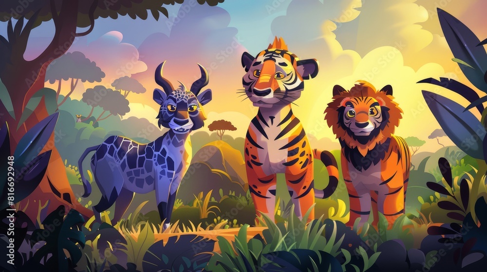 Tiger, hyena, and monkey jungle inhabitants in zoo or safari outdoor area, modern web poster for booking tickets. Tiger, hyena, and monkey jungle inhabitants in zoo or safari outdoor area, modern web poster for booking tickets.