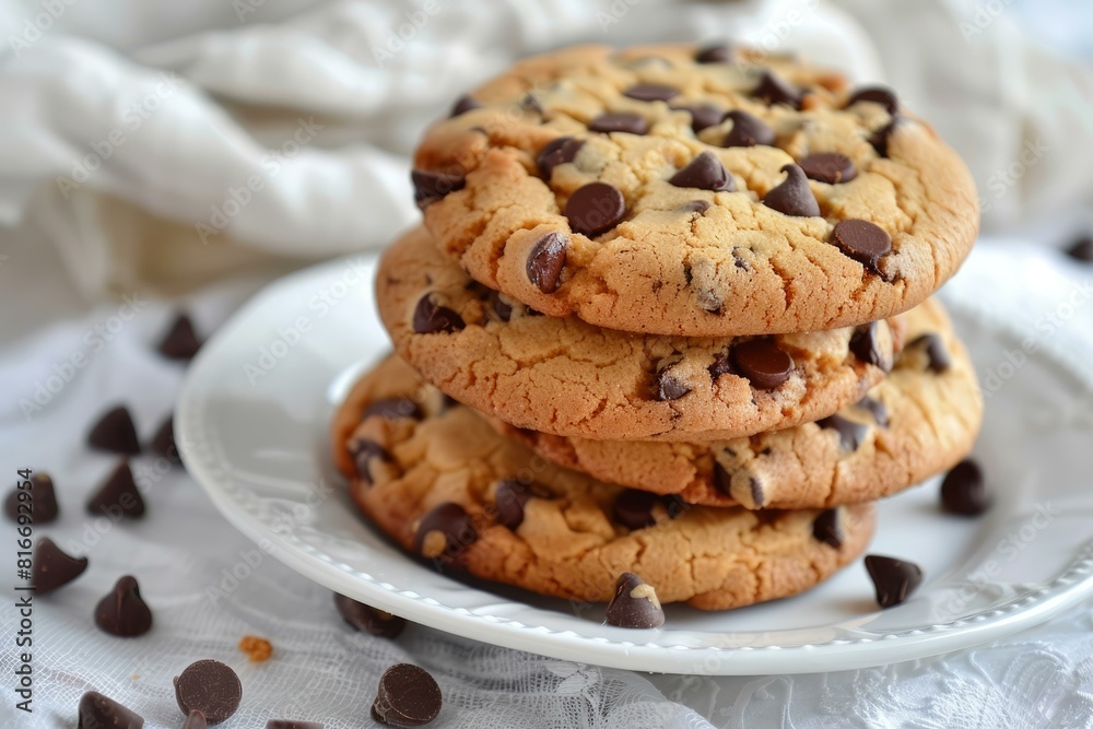 Freshly baked chocolate chip cookies piled up on a delicate white plate, surrounded by scattered chocolate chips Freshly baked chocolate chip cookies piled up on a delicate white plate, surrounded by scattered chocolate chips