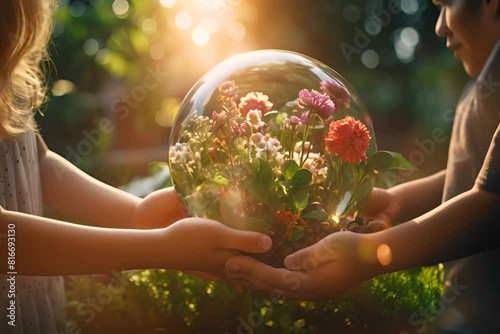 Family hold in hand globe earth outdoor sunlight, concept savenature world, Environmental protection, future generations,  green living, AI generative. photo