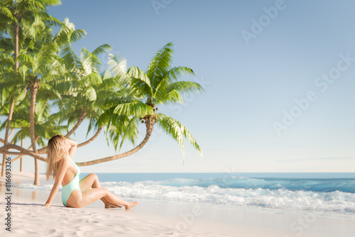 Relaxed Young Woman Sitting on Tropical Beach Shore © TheCatEmpire Studio