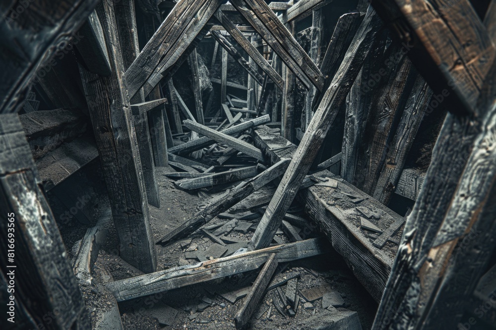 A pile of wood inside a building, suitable for construction or interior design projects A pile of wood inside a building, suitable for construction or interior design projects