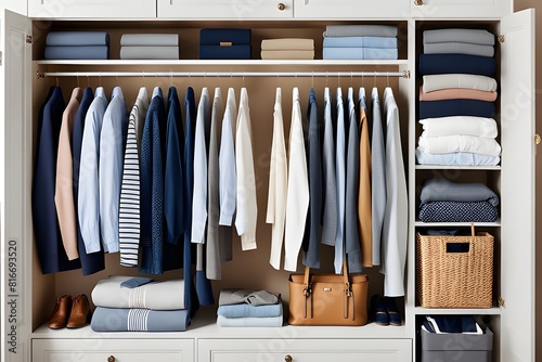 a well-organized closet with neatly folded sweaters and hanging clothes on wooden hangers, ai, generative, 생성형 © Kim