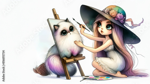 Female woman artist painting a picture of a cat, whimsical cartoon illustration