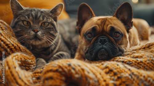 Cozy Cat and French Bulldog Snuggling in Warm Blanket