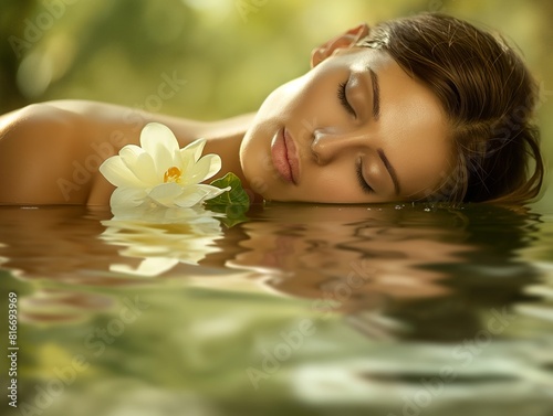 A serene woman with closed eyes rests her head on water, accompanied by a white flower. The tranquil scene evokes peace and natural beauty.