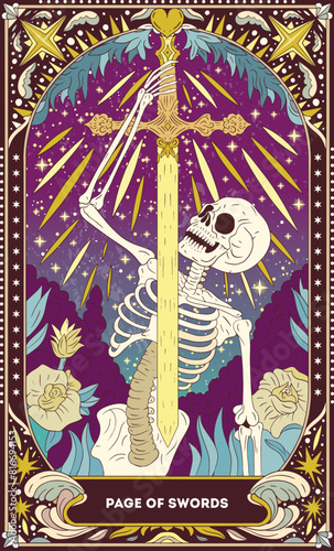 Page of Swords A tarot card in bohemian tones in a modern style in the form of a skeleton. Modern map illustration, minimalistic cartoon skeleton, simple vector drawing