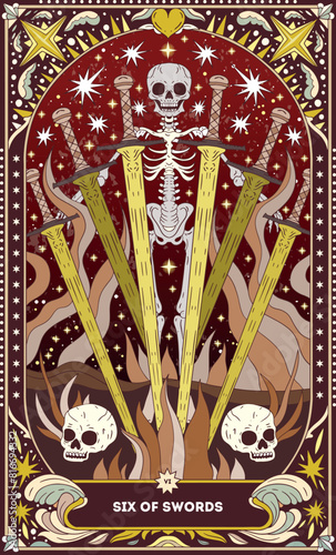 Six of Swords A tarot card in bohemian tones in a modern style in the form of a skeleton. Modern map illustration, minimalistic cartoon skeleton, simple vector drawing