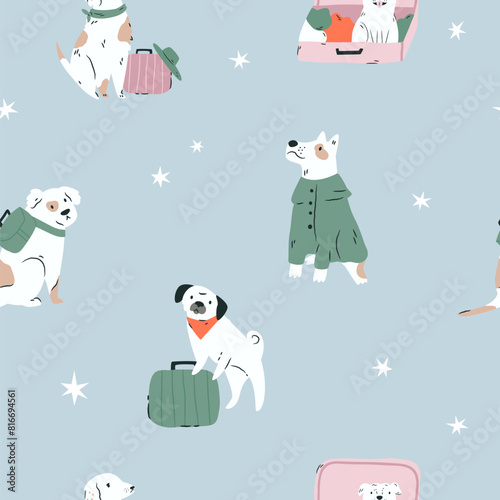 Seamless pattern with funny dogs and travelling vibes. Great for fabric, textile, print, wrapping paper