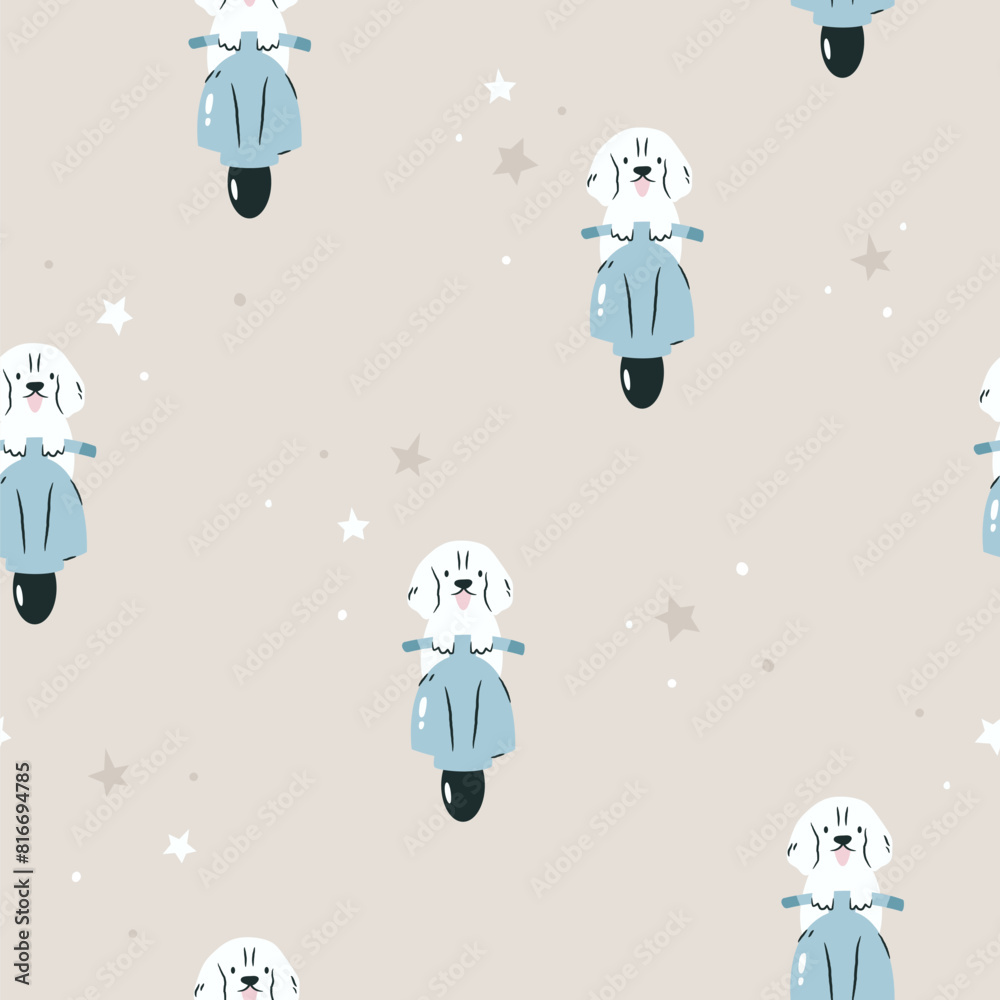 Seamless pattern with funny spaniel dog riding a scooter. Great for fabric, textile, print, wrapping paper Seamless pattern with funny spaniel dog riding a scooter. Great for fabric, textile, print, wrapping paper