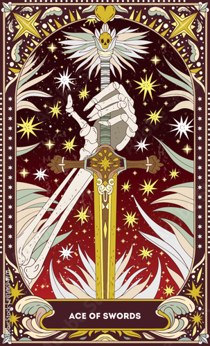 Ace of Swords A tarot card in bohemian tones in a modern style in the form of a skeleton. Modern map illustration, minimalistic cartoon skeleton, simple vector drawing