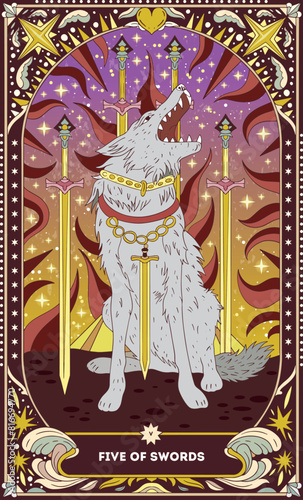 Five of Swords A tarot card in bohemian tones in a modern style in the form of a skeleton. Modern map illustration, minimalistic cartoon skeleton, simple vector drawing