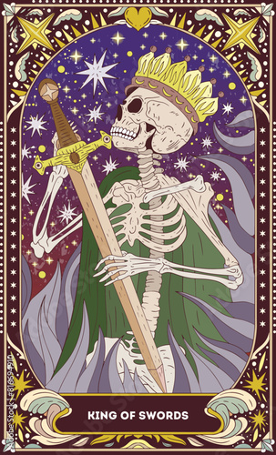 King of Swords A tarot card in bohemian tones in a modern style in the form of a skeleton. Modern map illustration, minimalistic cartoon skeleton, simple vector drawing