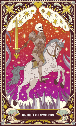 Knight of Swords A tarot card in bohemian tones in a modern style in the form of a skeleton. Modern map illustration, minimalistic cartoon skeleton, simple vector drawing
