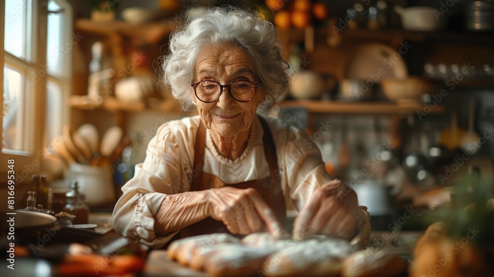 Elderly Woman Baking Pies in a Cozy Home Kitchen