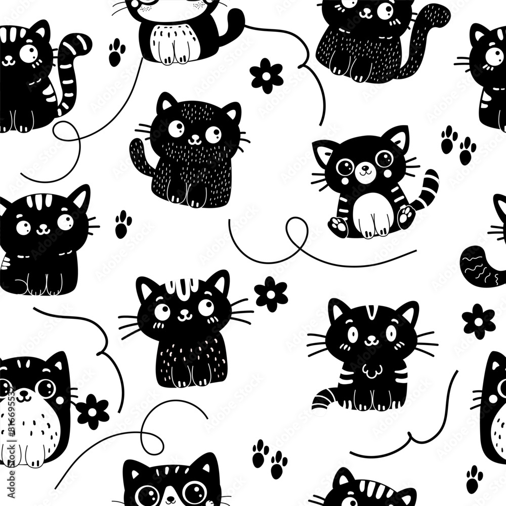 Fototapeta premium Seamless pattern character doodle black and white silhouette cat