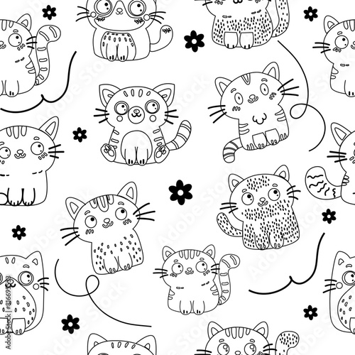 Seamless pattern character doodle outline cat