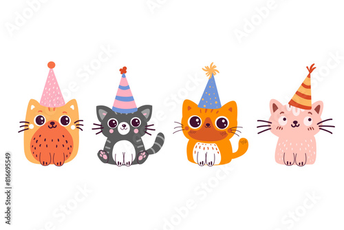 Concept happy birthday doodle cats set. Birthday party funny character cartoon cats