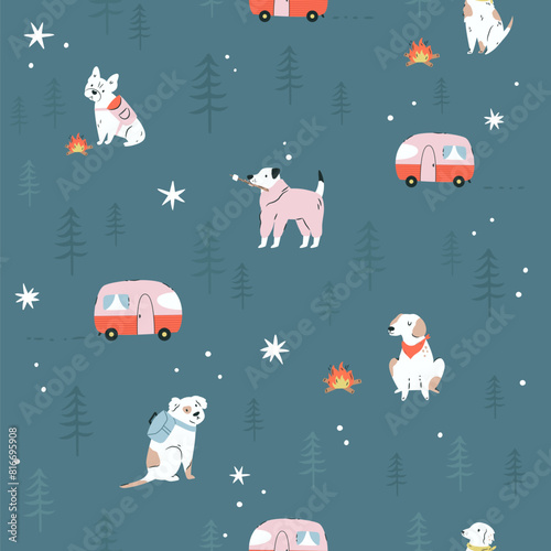 Seamless pattern with funny dogs and camping trailer in the forest. Great for fabric, textile, print, wrapping paper