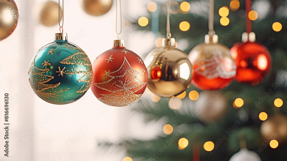 multi coloured pretty christmas baubles, hanging festive decorations