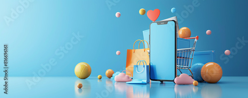 Against a clean, minimalist background, a 3D-rendered smartphone showcases an advanced online shopping platform, with digital payment methods integrated seamlessly. The futuristic aesthetic and