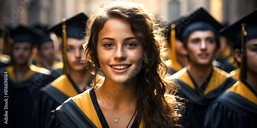 Portrate of graduate girl with other graduates on background. Education and graduation theme. photo