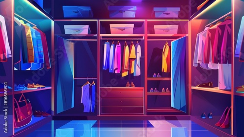 The modern cartoon interior of a modern walk in closet for men has shelves with clothes and shoes, hangers with shirts and coats. The cloakroom has a big mirror to facilitate apparel storage and photo