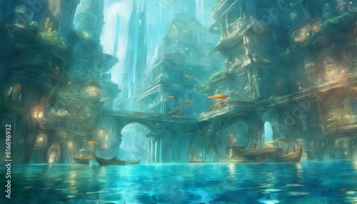 Artistic depiction of a serene, underwater city with towering structures, bridges, and boats bathed in a soft, ethereal light.. AI Generation
