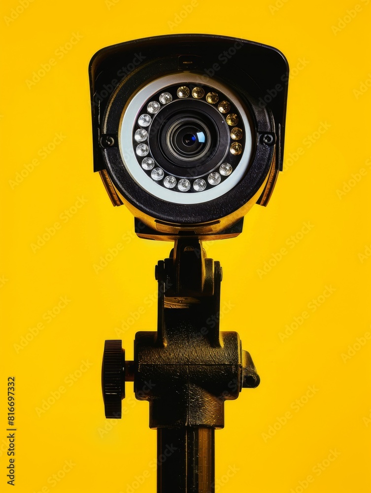 Closeup security camera on a yellow wall. Protection and safety. CCTV surveillance camera Closeup security camera on a yellow wall. Protection and safety. CCTV surveillance camera