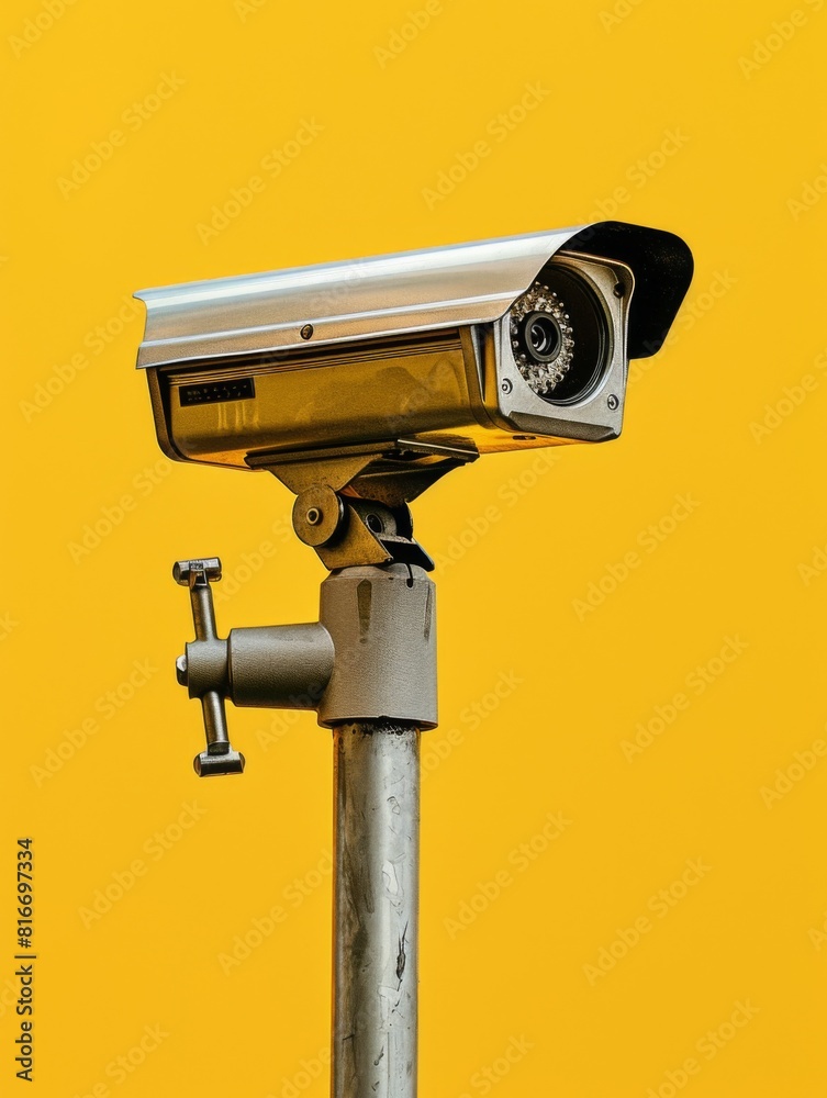 Closeup security camera on a yellow wall. Protection and safety. CCTV surveillance camera Closeup security camera on a yellow wall. Protection and safety. CCTV surveillance camera