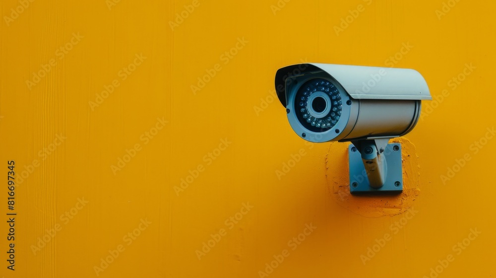 Closeup security camera on a yellow wall. Protection and safety. CCTV surveillance camera