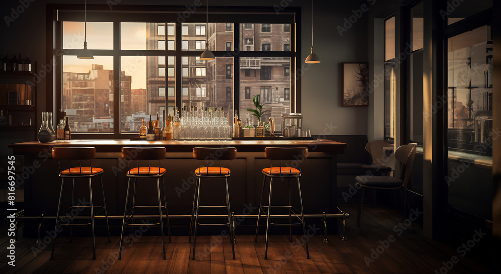 Vintage Bar Elegance: Leather Stools and Shelves of Spirits