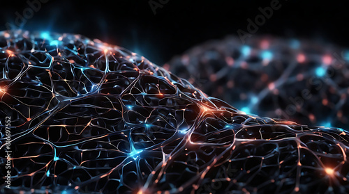 Abstract image of close up of brain combined or merging with technological digital lights and nerves on a dark black background  brain integration with artifical intelligence concept 