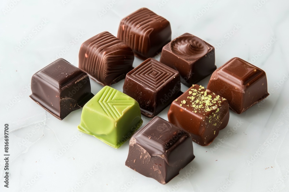 Variety of gourmet chocolate candies displayed on a sleek marble background Variety of gourmet chocolate candies displayed on a sleek marble background