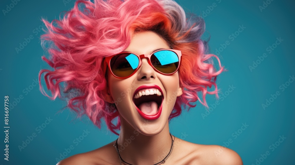 Vibrant Pink-Haired Woman Wearing Stylish Sunglasses on Blue Background