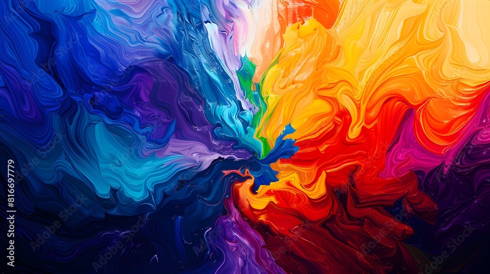 A colorful painting with a swirl of blue green red and yellow. The colors are vibrant and the brushstrokes are bold. The painting seems to be abstract