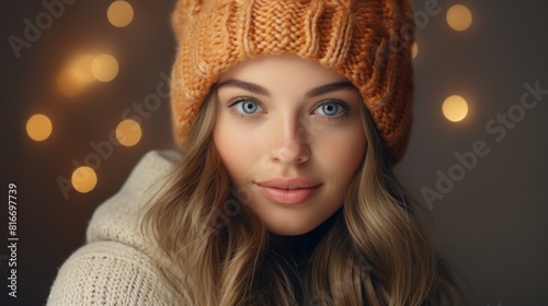 Serene Winter Beauty: Woman with Blue Eyes in Knitted Orange Beanie © Anastasiia