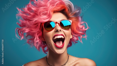 Obraz na płótnie Vibrant Pink-Haired Woman Wearing Stylish Sunglasses on Blue Background w salonie