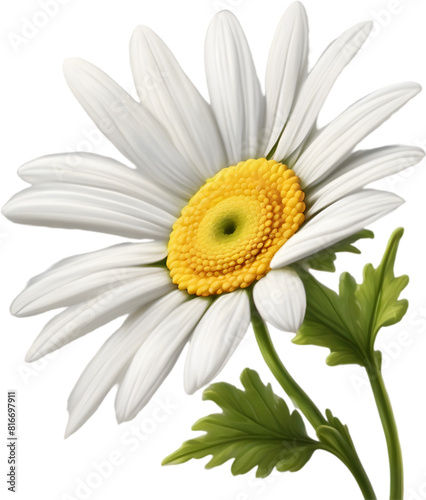 A cartoon daisy with green leaves and bright white petals.
