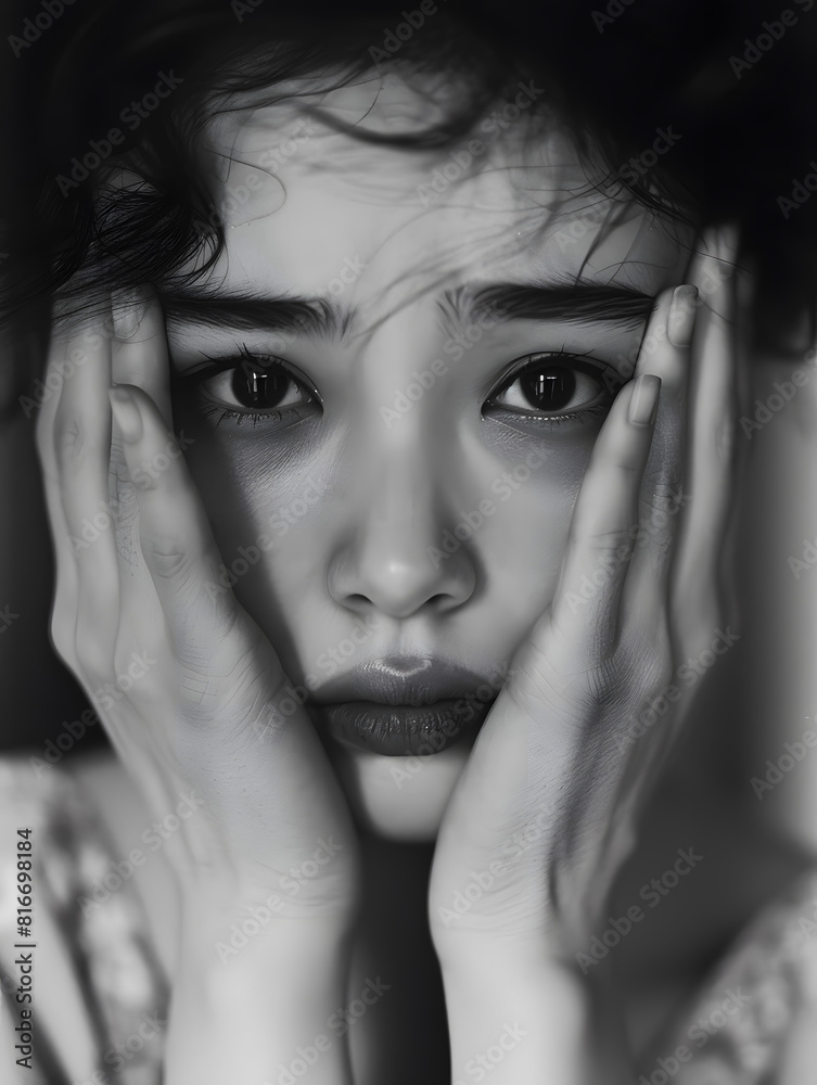 Fototapeta premium 手で顔を覆うアジア人女性のモノクロームポートレート