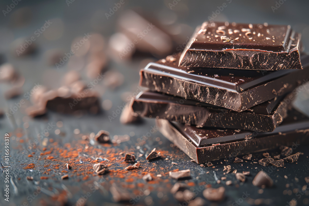Dark chocolate pieces with space for text on a blurred background Dark chocolate pieces with space for text on a blurred background