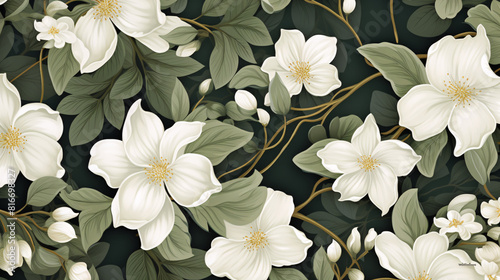Refined vintage luxury design with a seamless pattern of watercolor white flowers and lush green leaves