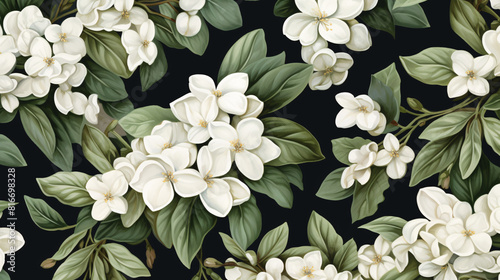 Fototapeta Naklejka Na Ścianę i Meble -  Refined vintage luxury design with a seamless pattern of watercolor white flowers and lush green leaves