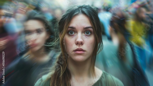 Woman Amidst a Blurring Crowd