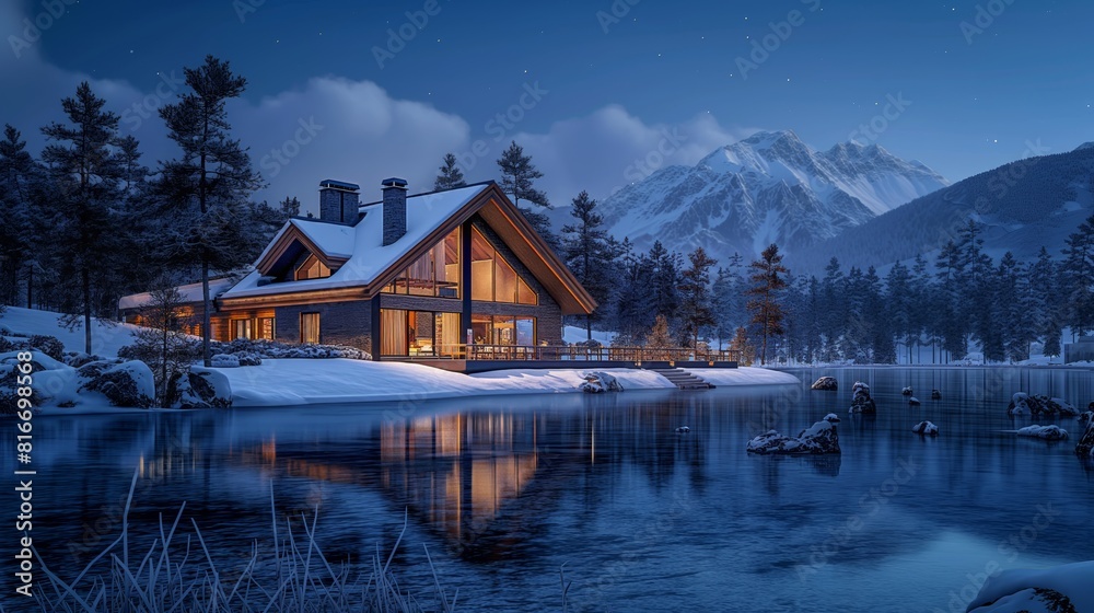 Obraz premium A modern triangular house by a misty forest lake on a winter night