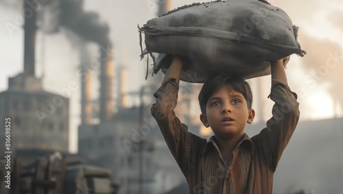 Child labor concept, a child carrying a heavy coal bag, in front of a factory with smoke coming out of it