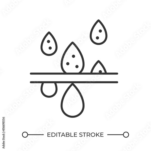 Water filtration linear icon. Desalination process. Waterdrop falling. Sanitation system. Water purification. Thin line illustration. Contour symbol. Vector outline drawing. Editable stroke