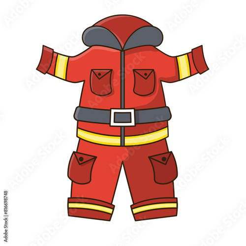 Illustration of red fireman suit vector graphic cute cartoon style isolated white background.